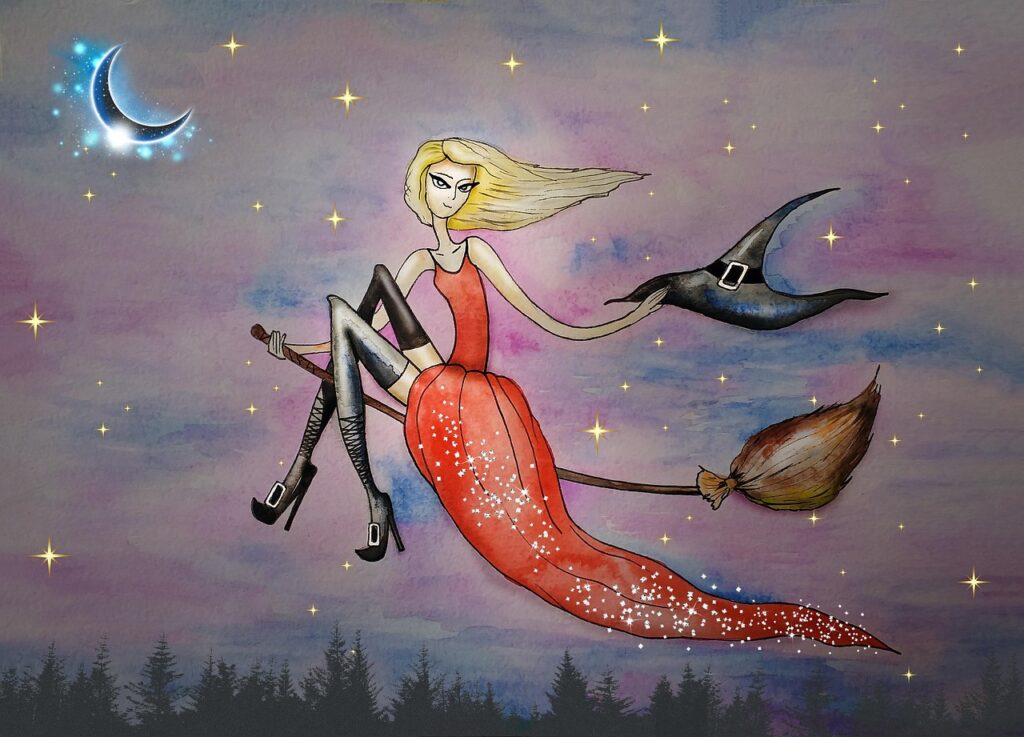 witch, halloween, drawing, magic, broom, dress, hat, sky, to fly, sabbath, watercolor, fantasy, art, witch on a broom, night sky, evil sorceress, beautiful witch on a broom, nature, witch silhouette, starry sky, night, coven, walpurgis night, middle ages, mysterious, story